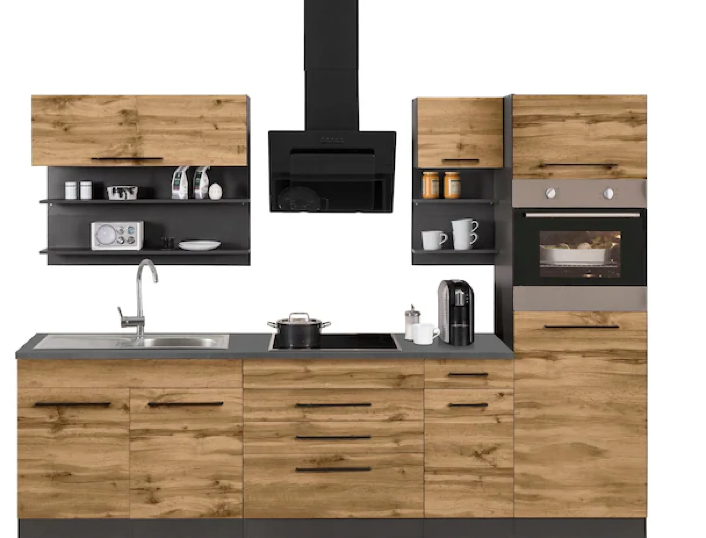 KOCHSTATION Küchenzeile »KS-Tulsa« ohne E-Geräte, Breite 290 cm, schwarze Metallgriffe, MDF Fronten