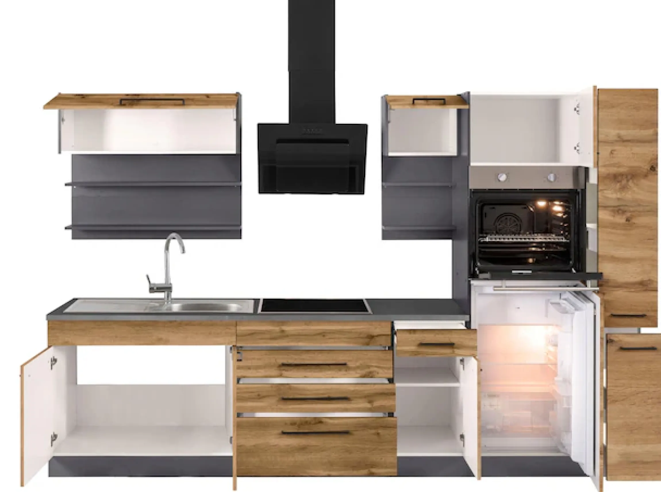KOCHSTATION Küchenzeile »KS-Tulsa« ohne E-Geräte, Breite 290 cm, schwarze Metallgriffe, MDF Fronten