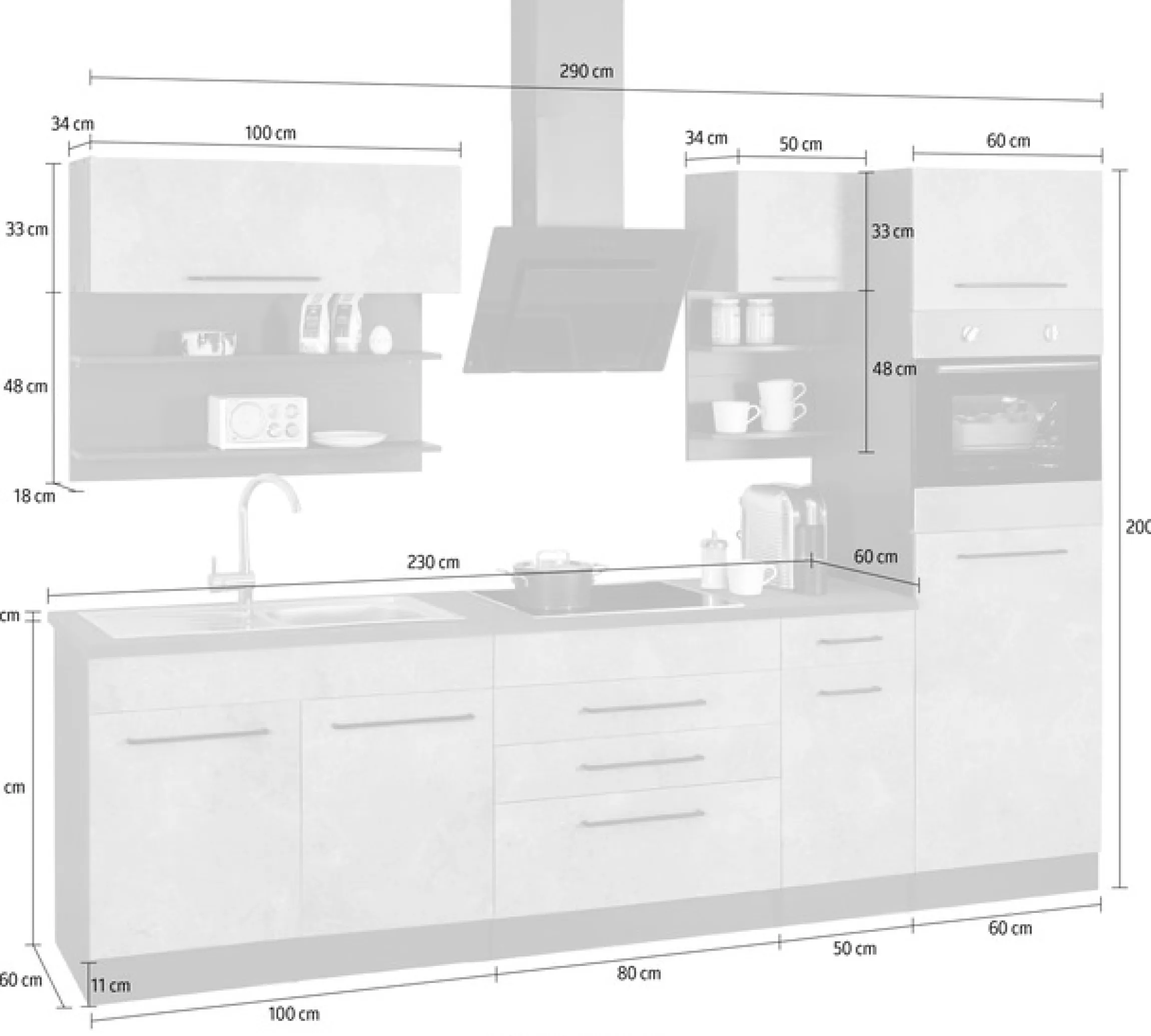 KOCHSTATION Küchenzeile »KS-Tulsa« ohne E-Geräte, Breite 290 cm, schwarze Metallgriffe, MDF Fronten