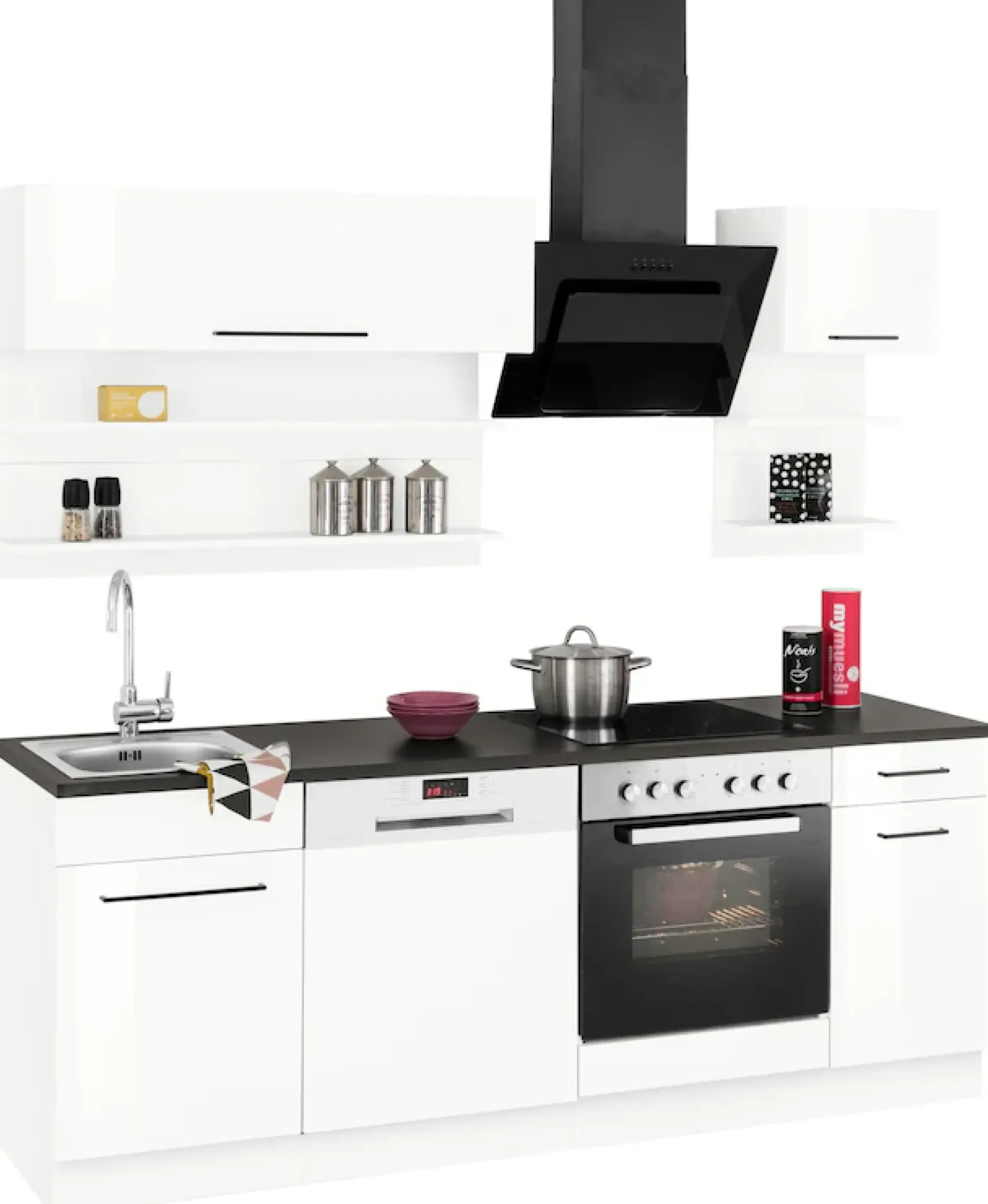 KOCHSTATION Küchenzeile »KS-Tulsa« ohne E-Geräte, Breite 210 cm, schwarze Metallgriffe, MDF Fronten