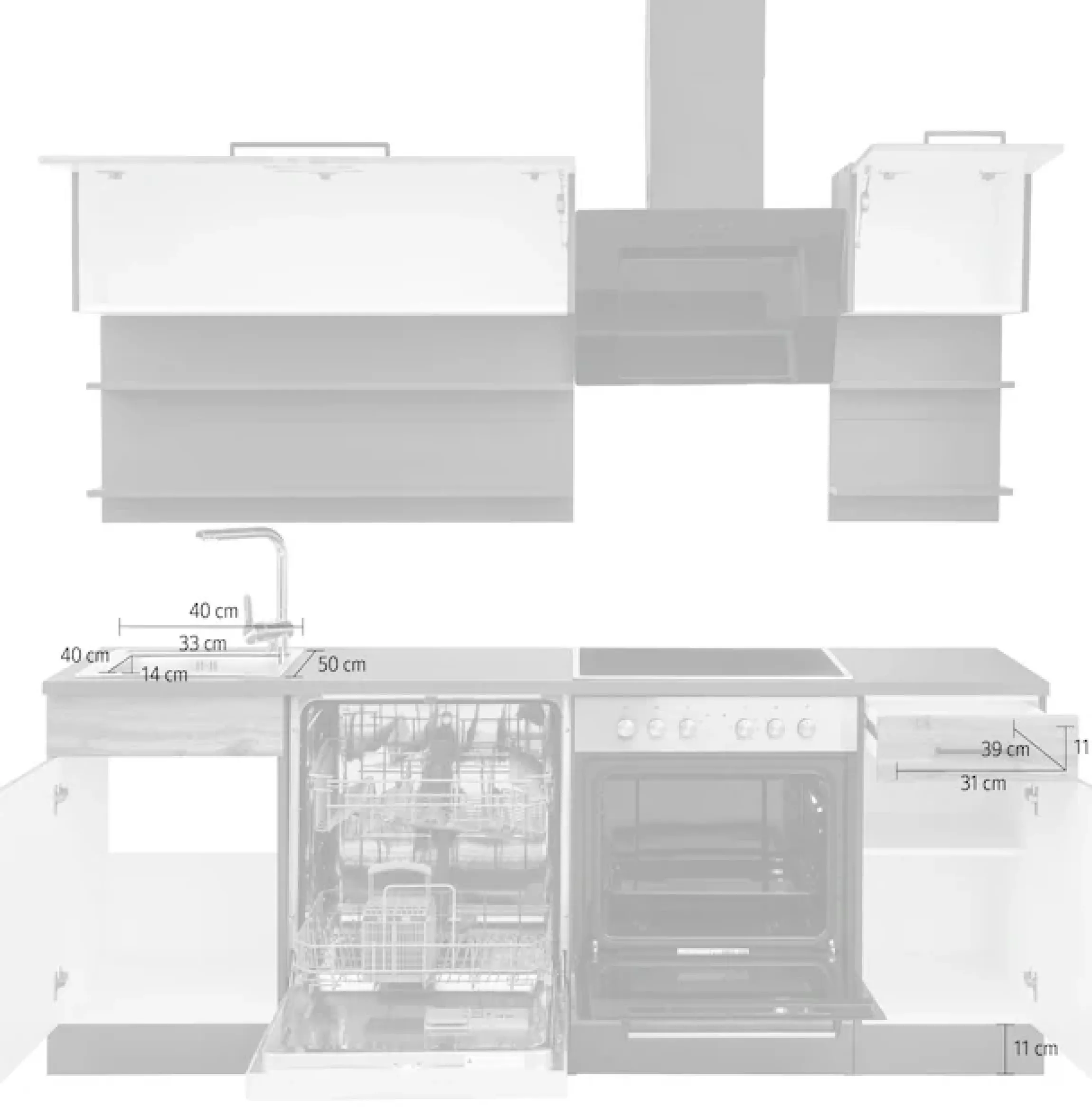 KOCHSTATION Küchenzeile »KS-Tulsa« ohne E-Geräte, Breite 210 cm, schwarze Metallgriffe, MDF Fronten