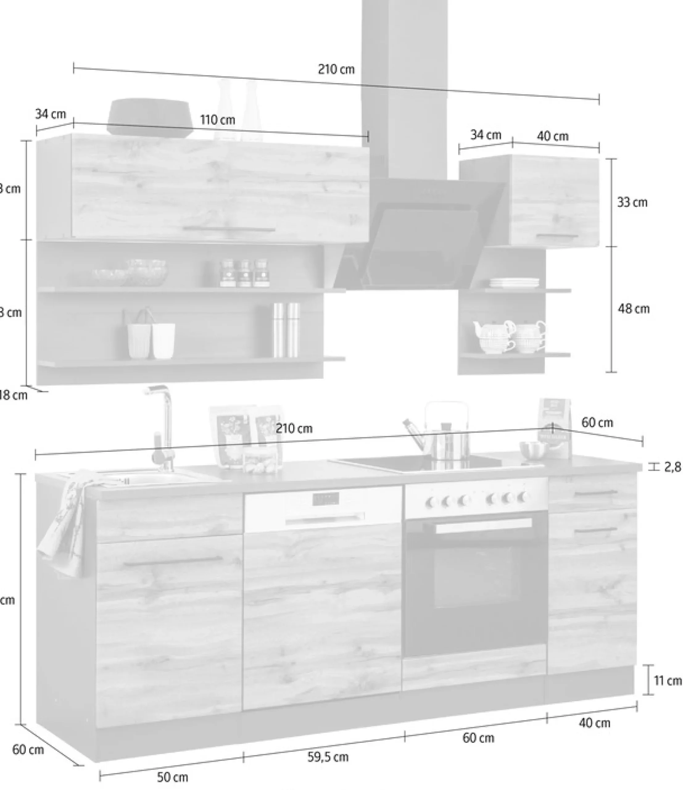 KOCHSTATION Küchenzeile »KS-Tulsa« ohne E-Geräte, Breite 210 cm, schwarze Metallgriffe, MDF Fronten