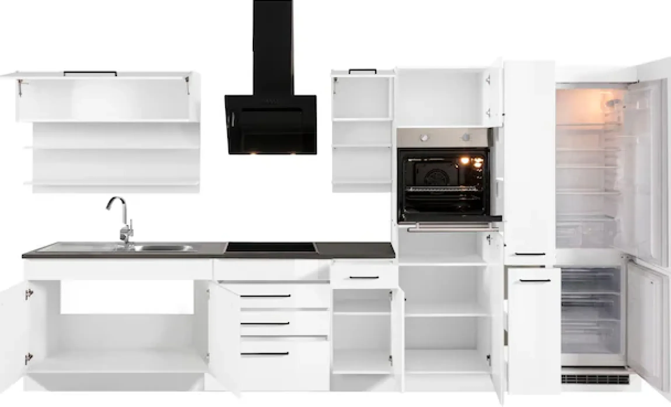 KOCHSTATION Küchenzeile »KS-Tulsa« ohne E-Geräte, Breite 380 cm, schwarze Metallgriffe, MDF Fronten