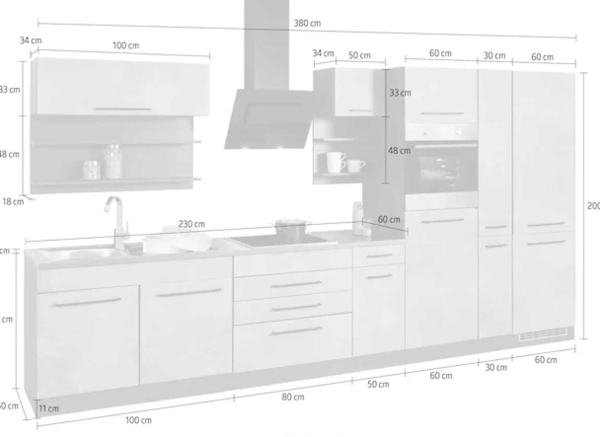 KOCHSTATION Küchenzeile »KS-Tulsa« ohne E-Geräte, Breite 380 cm, schwarze Metallgriffe, MDF Fronten