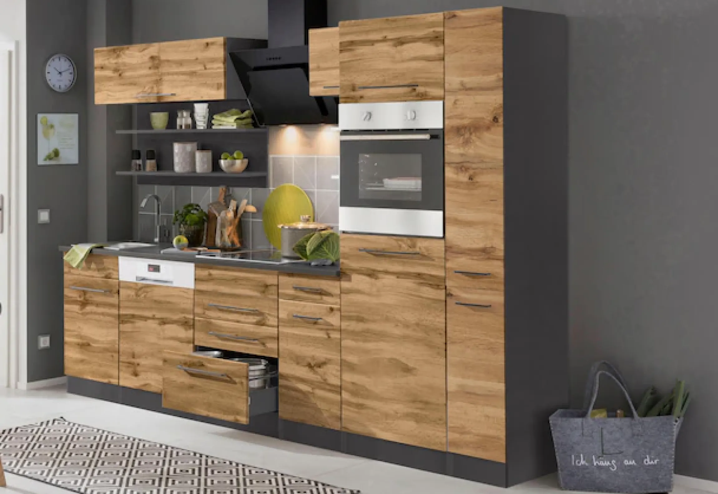 KOCHSTATION Küchenzeile »KS-Tulsa« mit E-Geräten, Breite 270 cm, schwarze Metallgriffe, MDF Fronten
