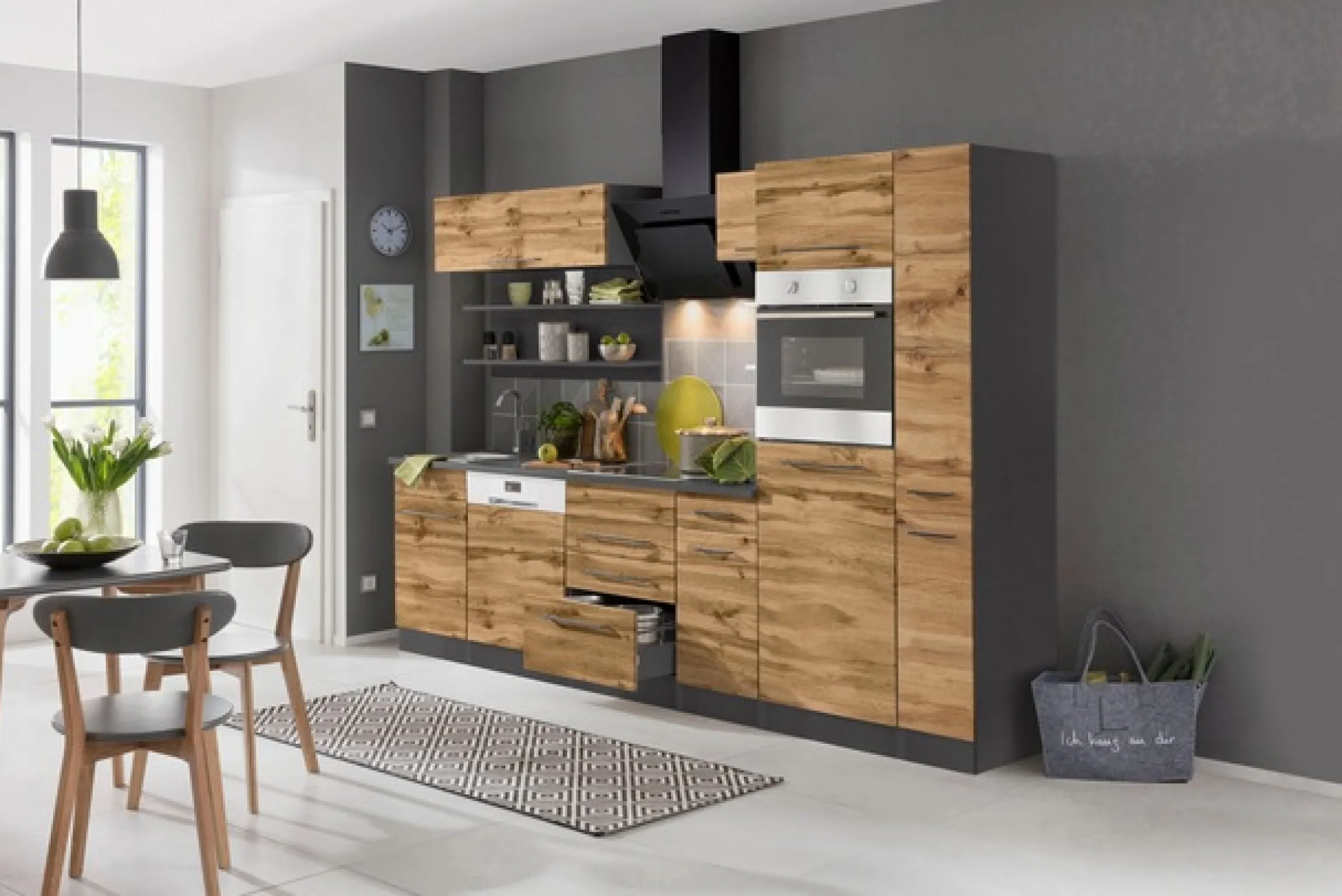 KOCHSTATION Küchenzeile »KS-Tulsa« mit E-Geräten, Breite 270 cm, schwarze Metallgriffe, MDF Fronten