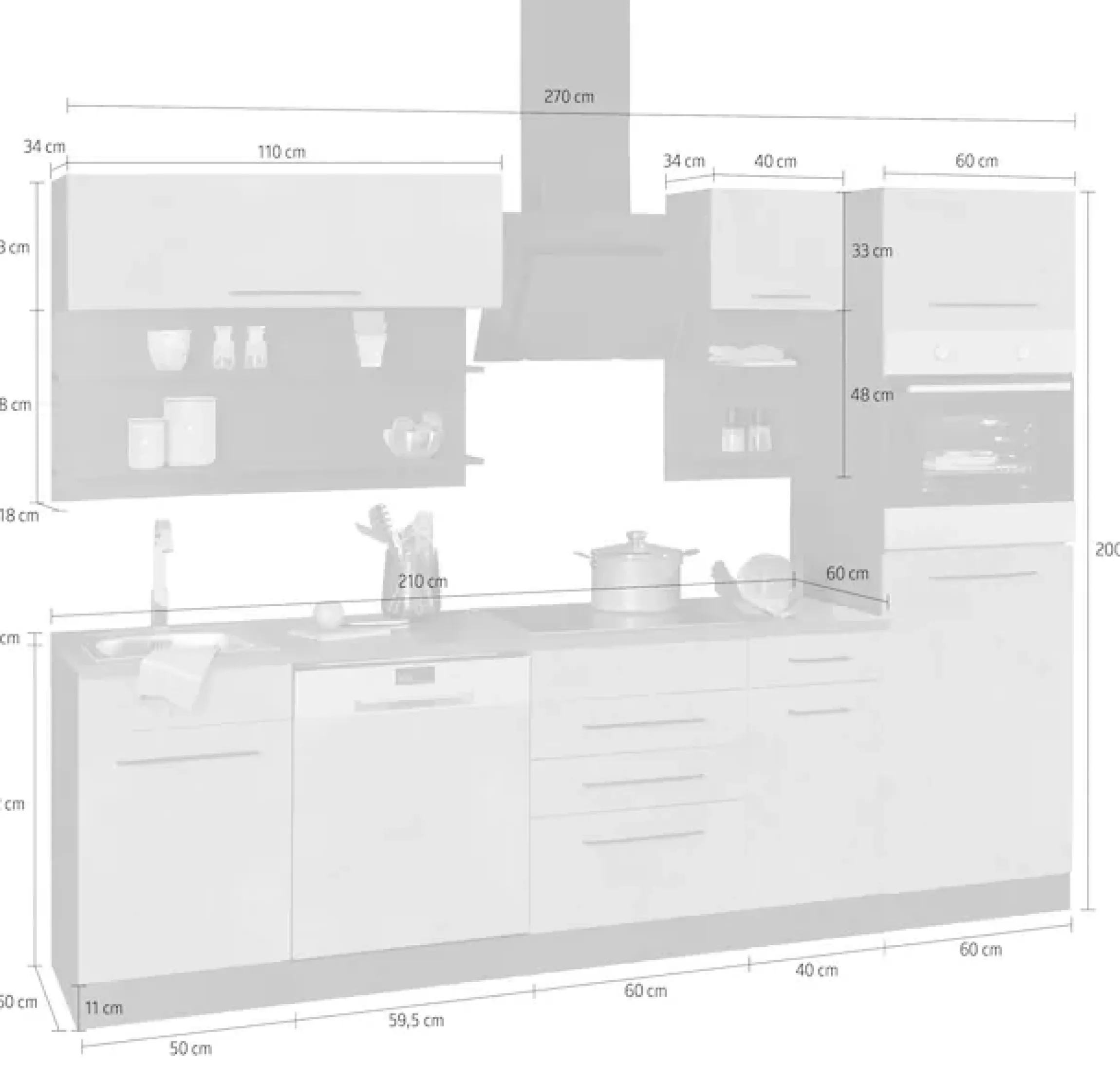 KOCHSTATION Küchenzeile »KS-Tulsa« mit E-Geräten, Breite 270 cm, schwarze Metallgriffe, MDF Fronten