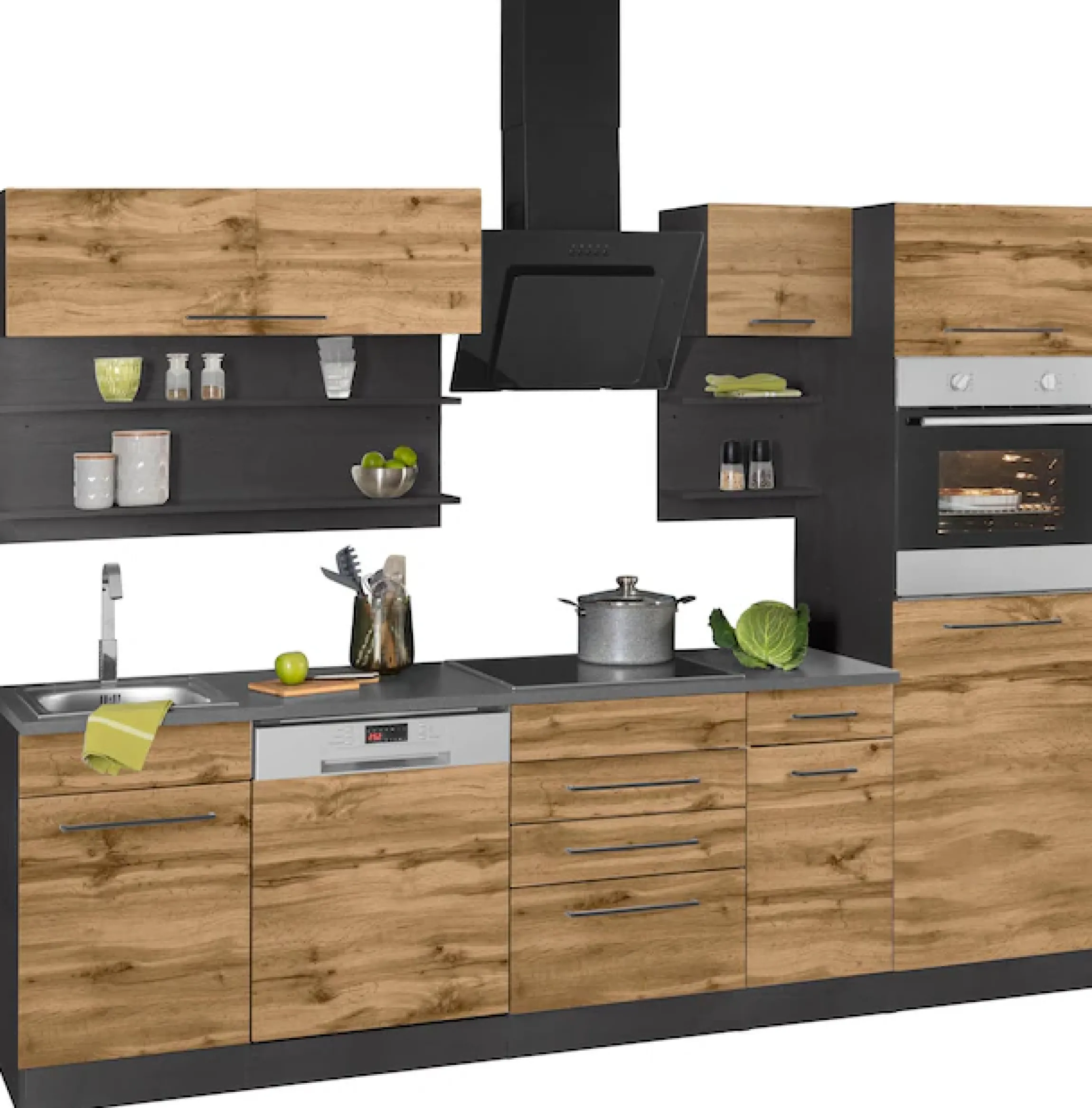 KOCHSTATION Küchenzeile »KS-Tulsa« mit E-Geräten, Breite 270 cm, schwarze Metallgriffe, MDF Fronten