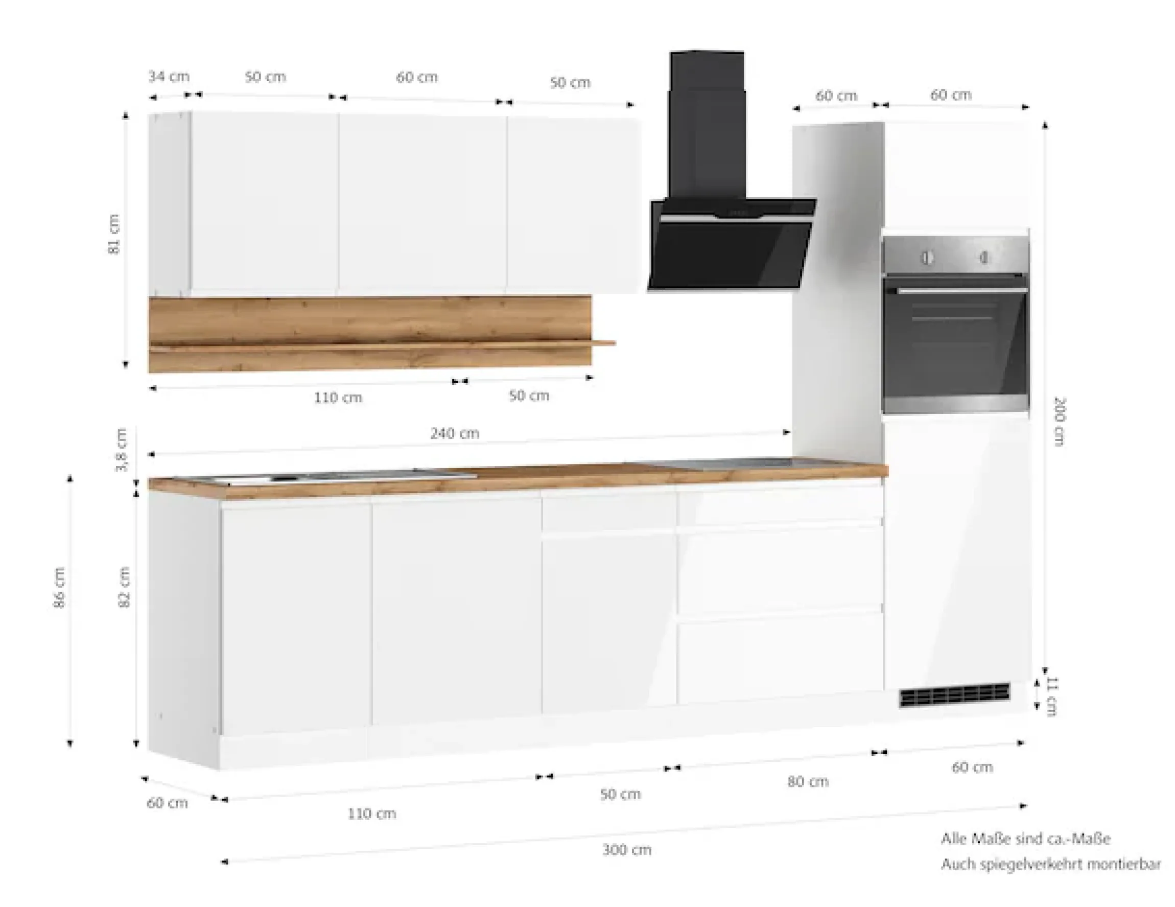 KOCHSTATION Küchenzeile »KS-Virginia,neu in verbesserter Ausführung« Arbeitsplatte 38 mm stark, Stauraum, Softclose,Breite 300 cm, Soft-Close, wahlweise mit E-Geräten