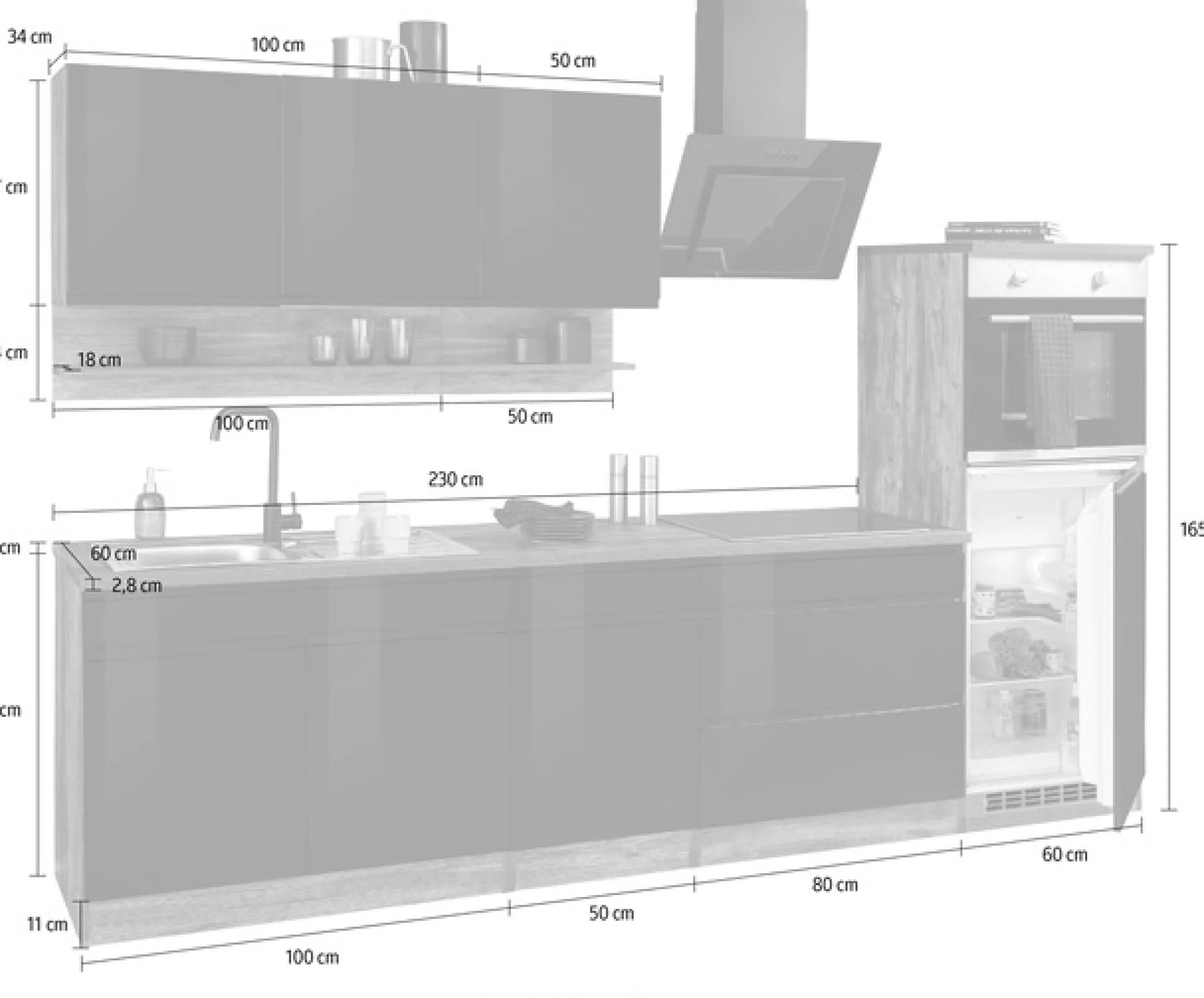 KOCHSTATION Küchenzeile »KS-Virginia,neu in verbesserter Ausführung« Arbeitsplatte 38 mm stark, Stauraum, Softclose,Breite 290, Soft-Close-Funktion, ohne E-Geräte