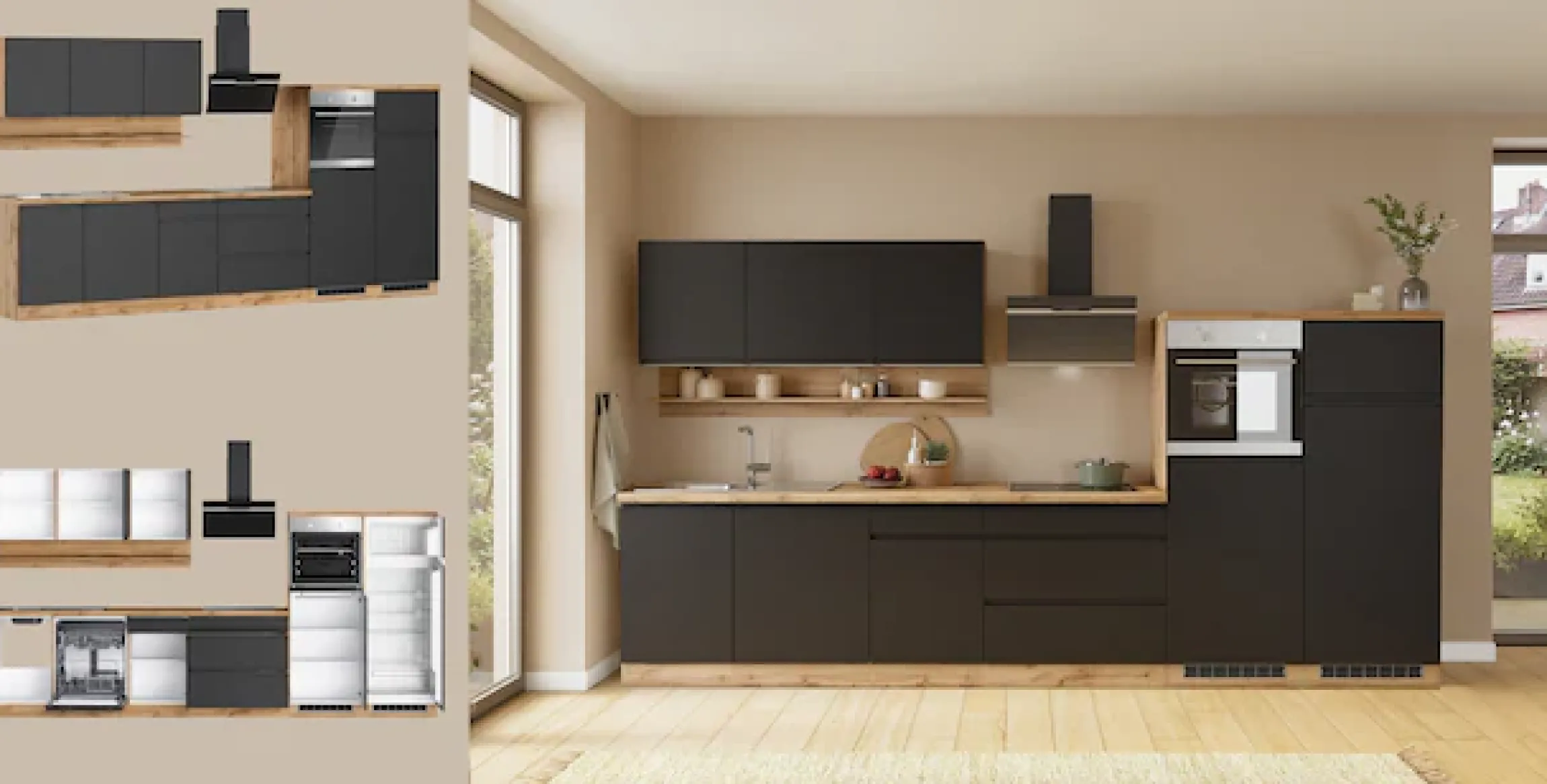 KOCHSTATION Küchenzeile »KS-Virginia,neu in verbesserter Ausführung« Arbeitsplatte 38 mm stark, Stauraum, Softclose,Breite 360 cm, Softclose, wahlweise mit E-Geräten und Induktion