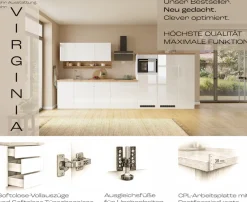 KOCHSTATION Küchenzeile »KS-Virginia,neu in verbesserter Ausführung« Arbeitsplatte 38 mm stark, Stauraum, Softclose,Breite 280 cm, Soft-Close, wahlweise mit E-Geräten