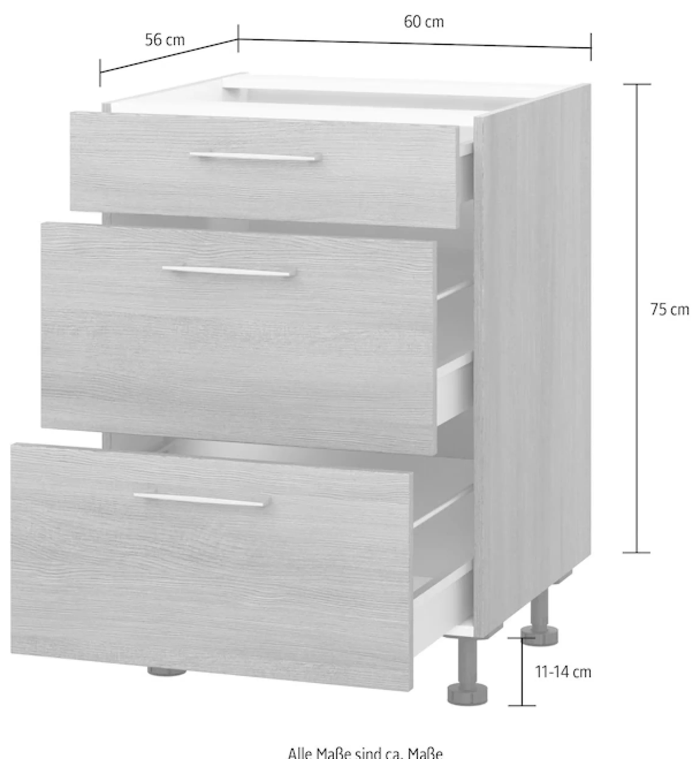 KOCHSTATION Kochfeldumbauschrank »KS-Trea U2AS60-H« mit drei Schubkästen, Breite 60 cm, Höhe 75 cm