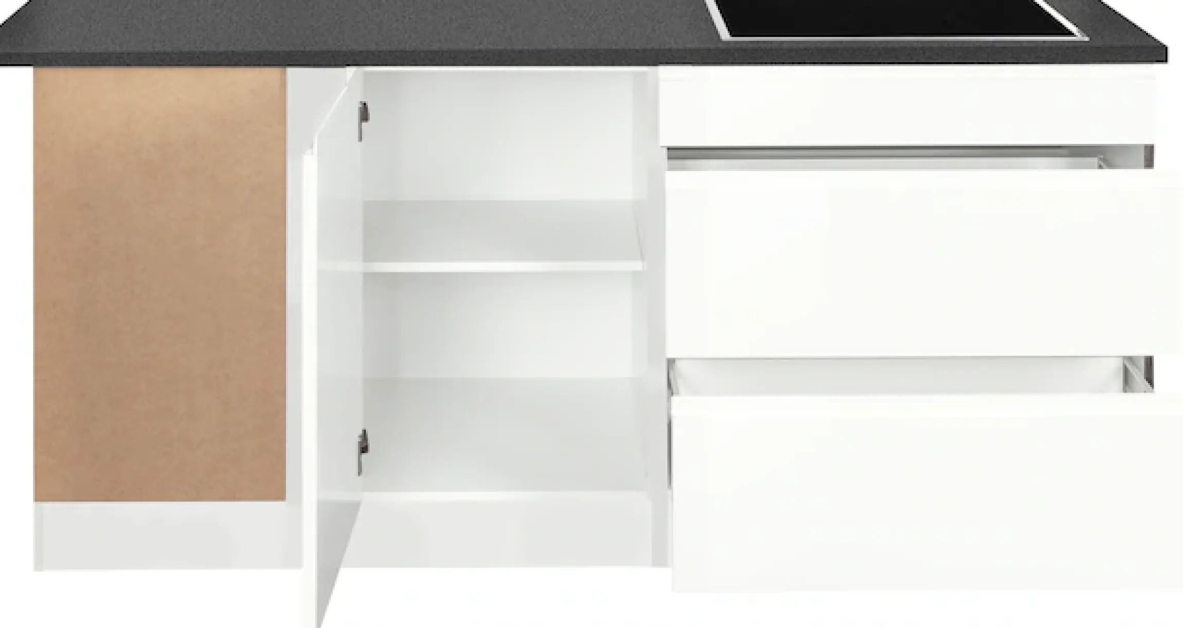 KOCHSTATION Winkelküche »KS-Virginia,neu in verbesserter Ausführung« Arbeitsplatte 38 mm stark, Stauraum, Softclose,Stellbreite 230/190 cm, Soft-Close, ohne E-Geräte