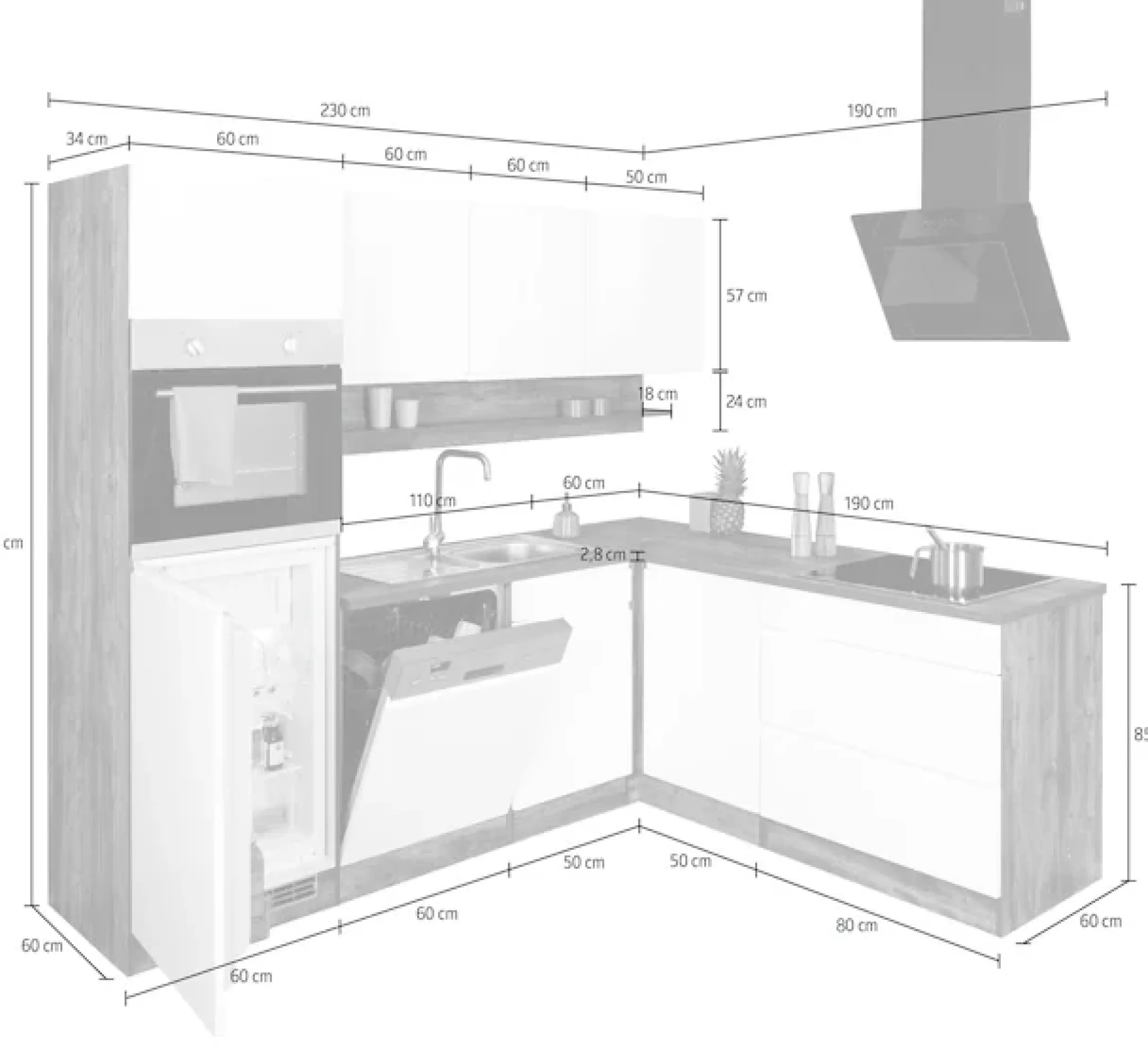 KOCHSTATION Winkelküche »KS-Virginia,neu in verbesserter Ausführung« Arbeitsplatte 38 mm stark, Stauraum, Softclose,Stellbreite 230/190 cm, Soft-Close, ohne E-Geräte