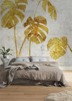 Komar Fototapete »Vlies Fototapete - Golden Monstera - Größe 300 x 250 cm« Motiv | bedruckt glatt