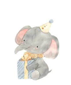 Lüttenhütt Bild mit Rahmen »oder Poster, Elefant mit Geschenk und Partyhut« Elefant | Elefanten | Elefanten Bilder | Fantasy | Tiere 1 Stk. tlg. HD Premium Druck