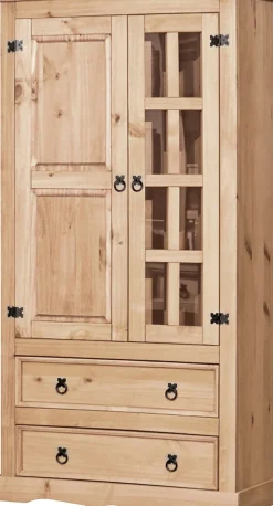 Möbilia Vitrine mit sichtbarer Maserung und schwarzen Beschlägen