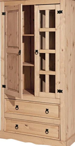 Möbilia Vitrine mit sichtbarer Maserung und schwarzen Beschlägen