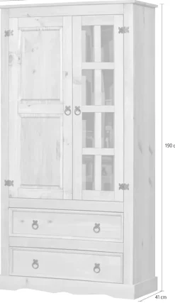 Möbilia Vitrine mit sichtbarer Maserung und schwarzen Beschlägen