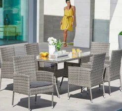 MERXX Garten-Essgruppe »Costa Rica« 6x Sessel, 1x Tisch 140x80 cm, inkl. Sitzkissen, OTTOs Choice, 13 Stk. tlg. Polyrattan, Tischplatte aus Sicherheitsglas, Unser Dauertiefpreis
