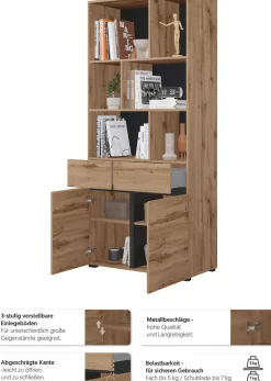 OTTO home Aktenschrank »Cross, Breite 85 cm, modernem grifflose Standregal, Bücherregal« Standregal mit 6 offene Fächern, 2 Schubladen und 2 Türen, Büroregal