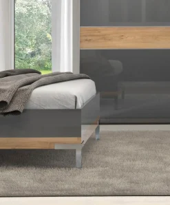 OTTO home Bettgestell »Onyx, FSC-zertifiziert, hochwertige UV Lackierung Hochglanz anthrazit« mit Metallfüßen,mit gepolstertem Kopfteil, Liegefläche 160x200 cm