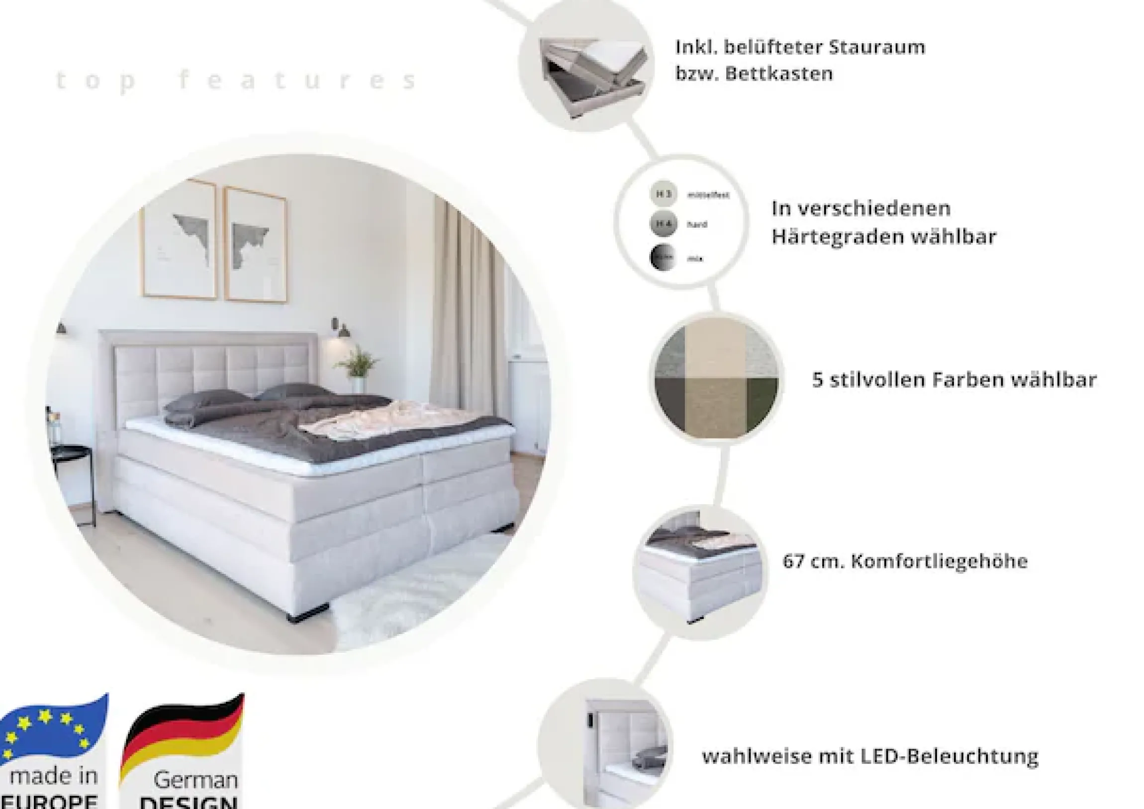 OTTO home Boxspringbett »MIVVA mit Bettkasten, mit Taschenfederkernmatratze H3, H3/H4 mix, H4« mit Kaltschaum- oder Visco-Topper (bei H4), Komfortliegehöhe 67cm