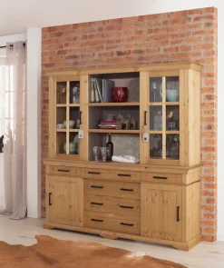 OTTO home Buffet »Anabel, mit Glastüren und Metallgriffen« Buffet aus massiver Kiefer, FSC®, mit Schiebetüren, B/H 186/190 cm