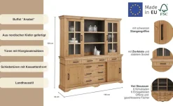 OTTO home Buffet »Anabel, mit Glastüren und Metallgriffen« Buffet aus massiver Kiefer, FSC®, mit Schiebetüren, B/H 186/190 cm