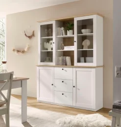 OTTO home Buffet »Brest, Hochschrank im Landhausstil, Schrank, Küchenschrank« schwarze Metallgriffe, viel Stauraum, Glastüren, 164 cm breit