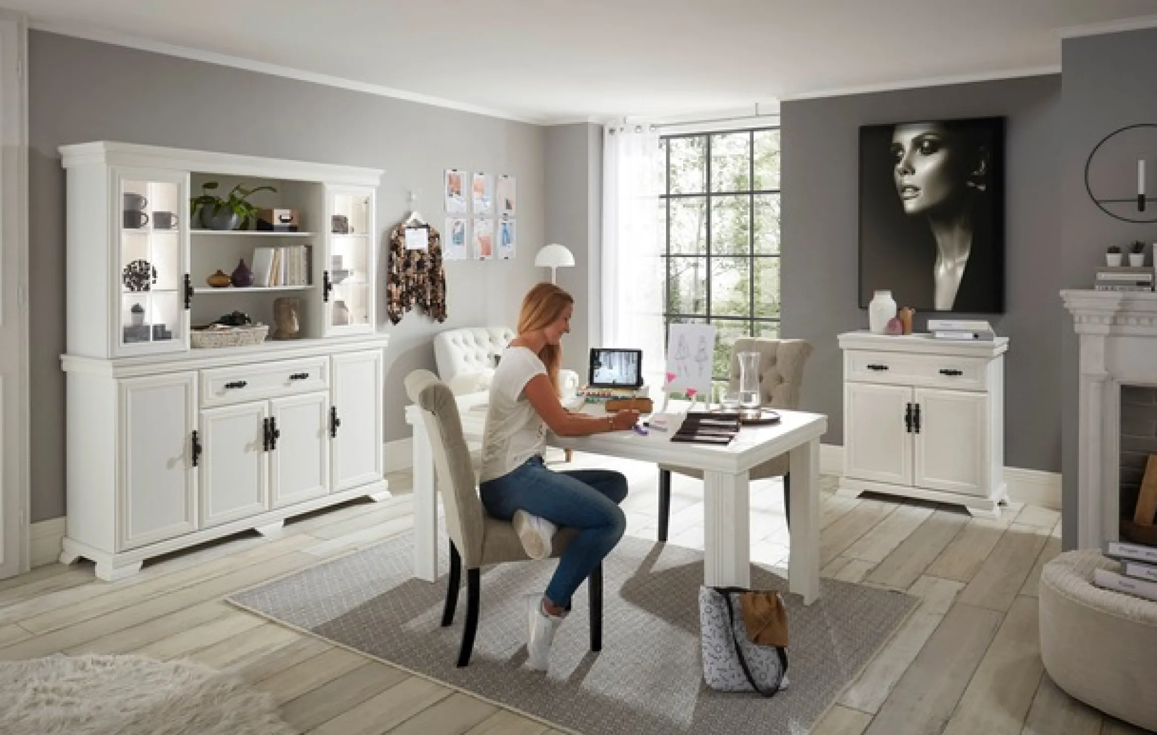 OTTO home Buffet »Royal, Hochschrank im Landhausstil, eleganter Schrank, Küchenschrank« dekorative Rahmenoptik, Metallgriffe, viel Stauraum, 168 cm breit