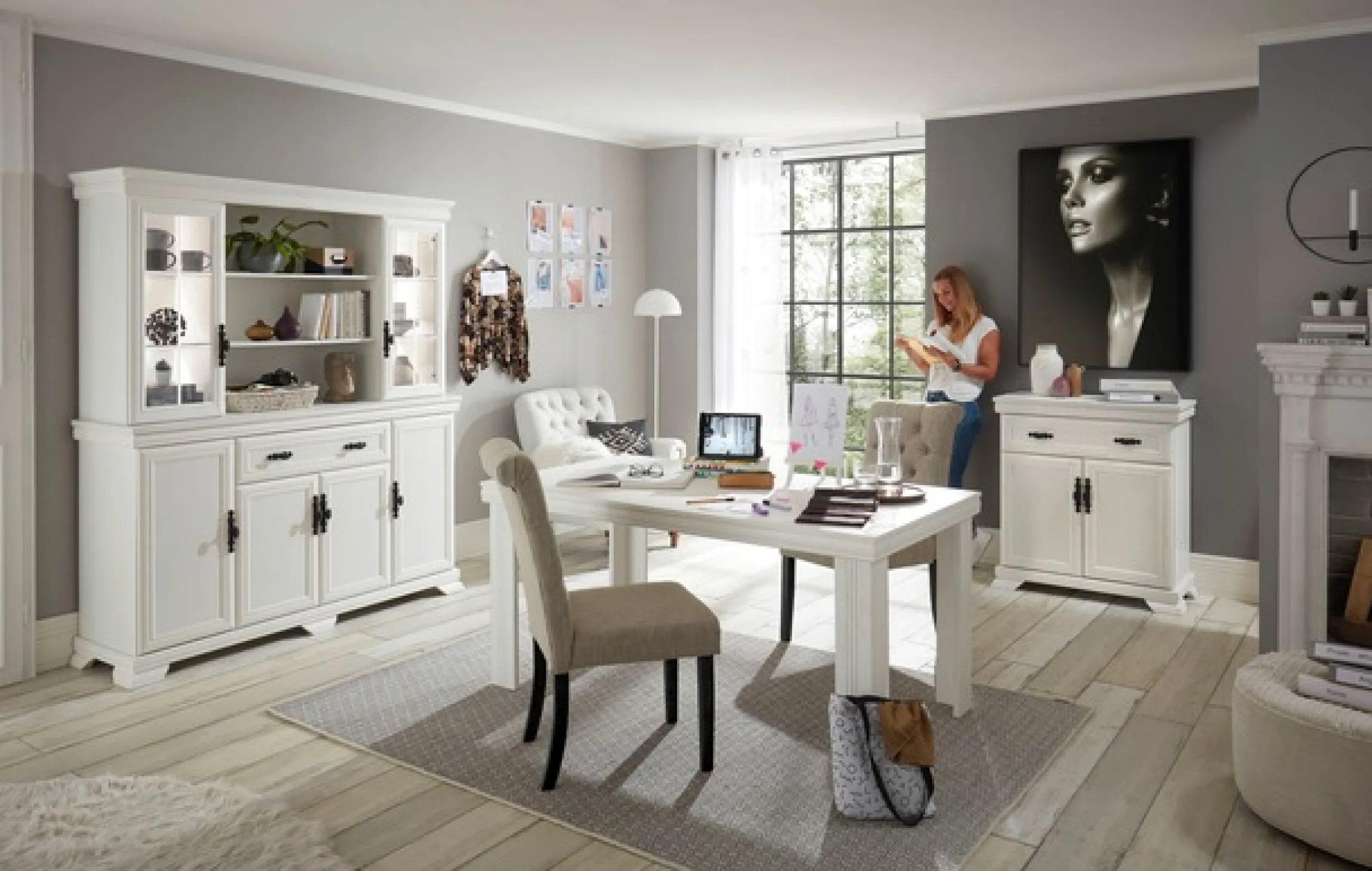 OTTO home Buffet »Royal, Hochschrank im Landhausstil, eleganter Schrank, Küchenschrank« dekorative Rahmenoptik, Metallgriffe, viel Stauraum, 168 cm breit
