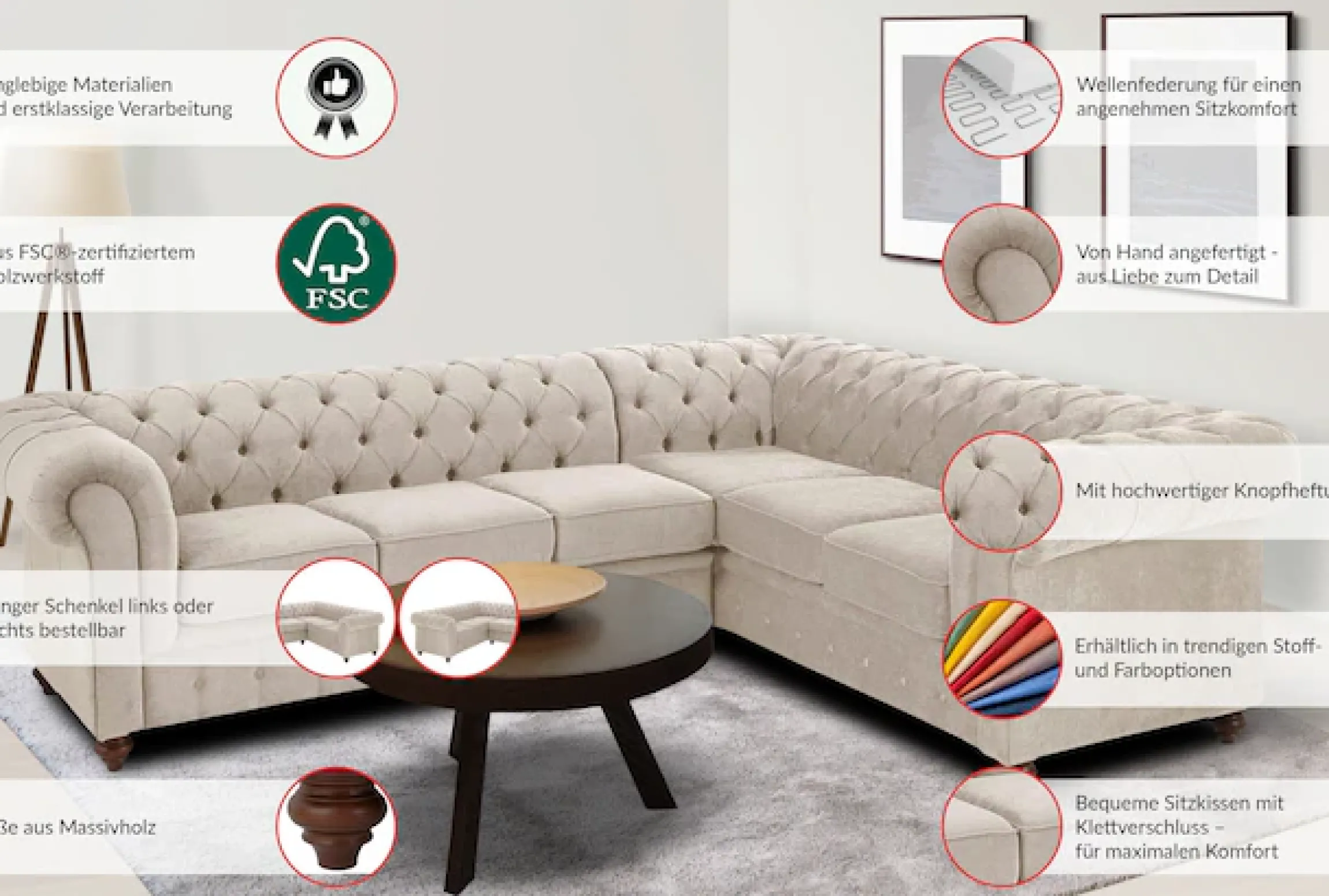 OTTO home Chesterfield-Sofa »Chesterfield Ecksofa, auch in Leder L-Form« hochwertige Knopfheftung , langer Schenkel links oder rechts wählbar