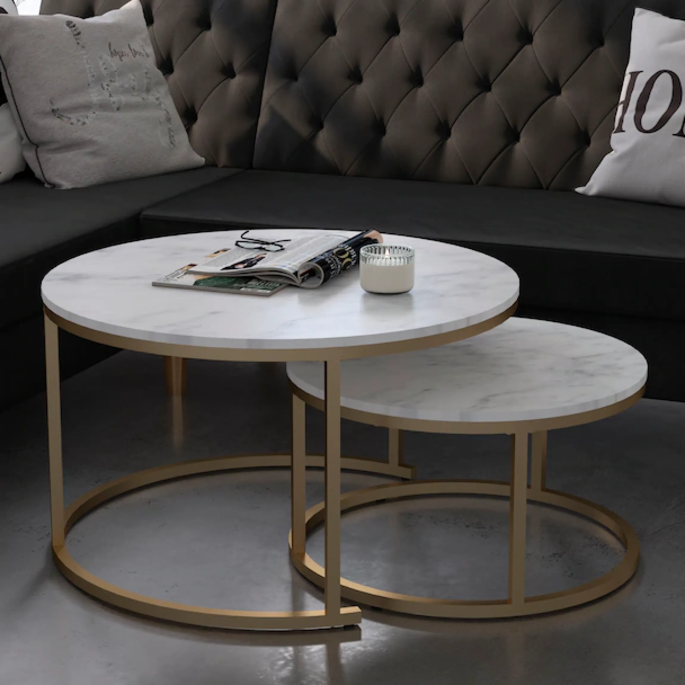 OTTO home Couchtisch »Amelia« Set, 2 Stk. tlg. 2 tlg., Tischplatte MDF Keramik-Optik, bronzefarbenes Metallgestell