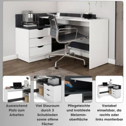 OTTO home Eckschreibtisch »Bexley« mit viel Stauraum, Breite 129 cm, rechts oder links montierbar