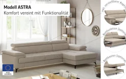 OTTO home Ecksofa »Astra L-Form, B: 300 cm, inkl. Kopfteilverstellung« opt. Schlaffunktion + XL-Bettkasten, LF:222x124cm, Wellenunterfederung