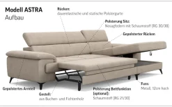OTTO home Ecksofa »Astra L-Form, B: 300 cm, inkl. Kopfteilverstellung« opt. Schlaffunktion + XL-Bettkasten, LF:222x124cm, Wellenunterfederung
