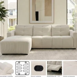 OTTO home Ecksofa »CAARLA Cord, L-Form, 261 cm, man. oder elektr. Relaxfunktion (USB-A/C)« mit USB-A und USB-C bei elektrischer Ausführung, Kopfteilverstellung