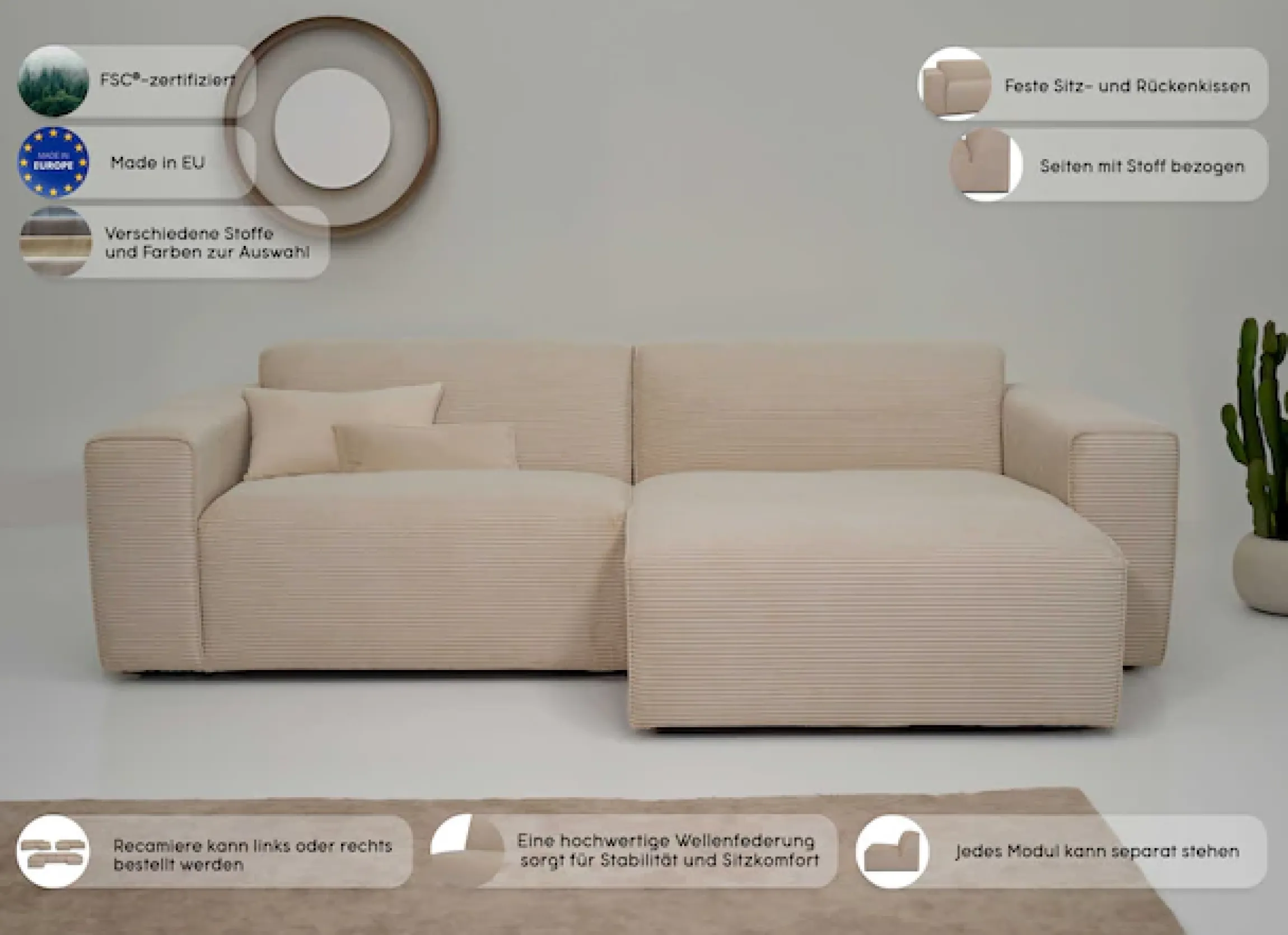 OTTO home Ecksofa »Clayton Breite 247 cm, L-form« in einem trendigen Cord-Bezug, verschiedene Kombinationen verfügbar