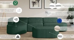 OTTO home Ecksofa »EIVIND Designer Sofa mit Ottomane rechts/links, B/T/H: 343/159/72 cm« L-Form mit Wellenunterfederung, auch in Feincord und Bouclé