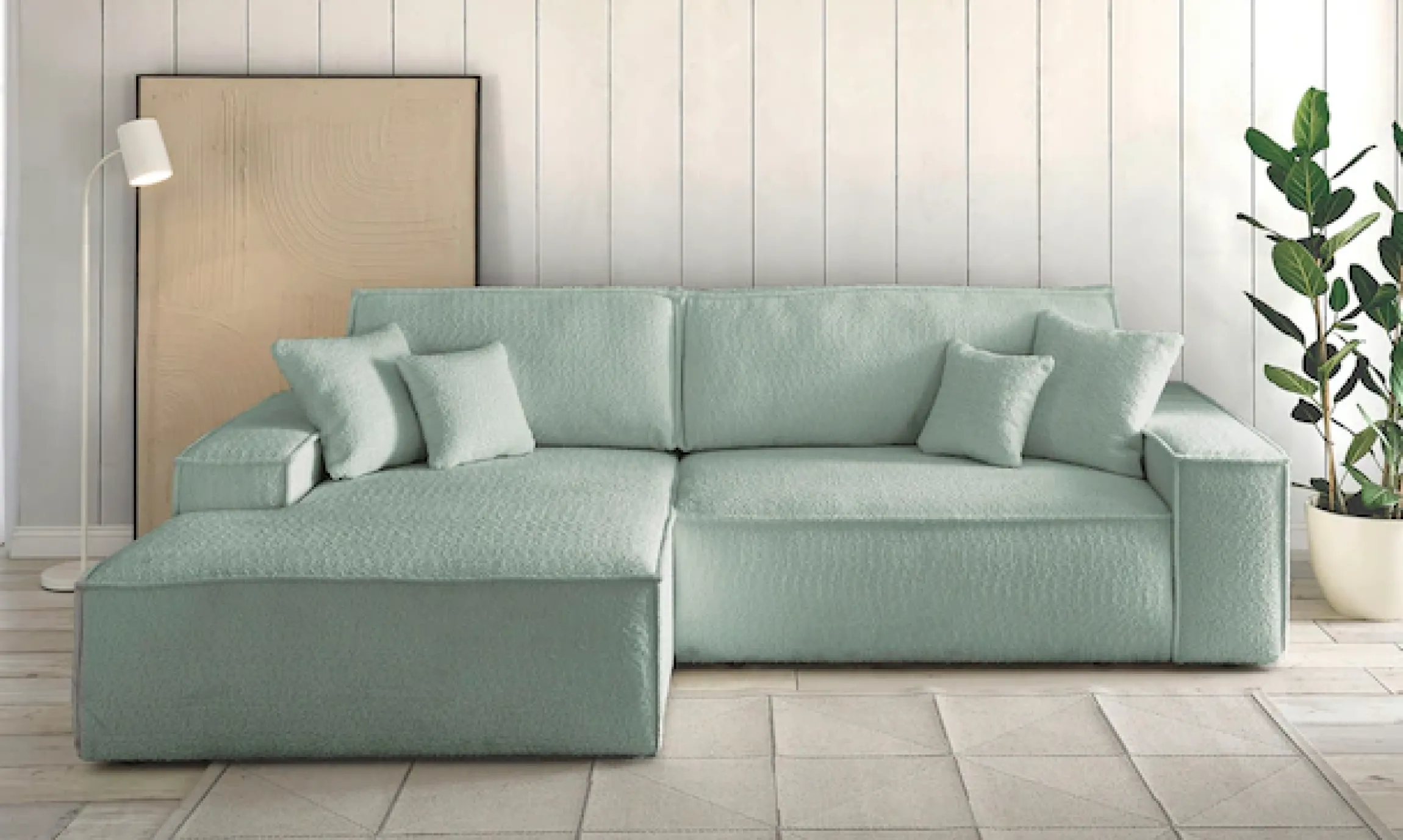 OTTO home Ecksofa »FINNLEY Bouclé, L-Form 257 cm, Schlafsofa« mit Bettkasten, in Bouclé, Struktur fein und Mega Cord