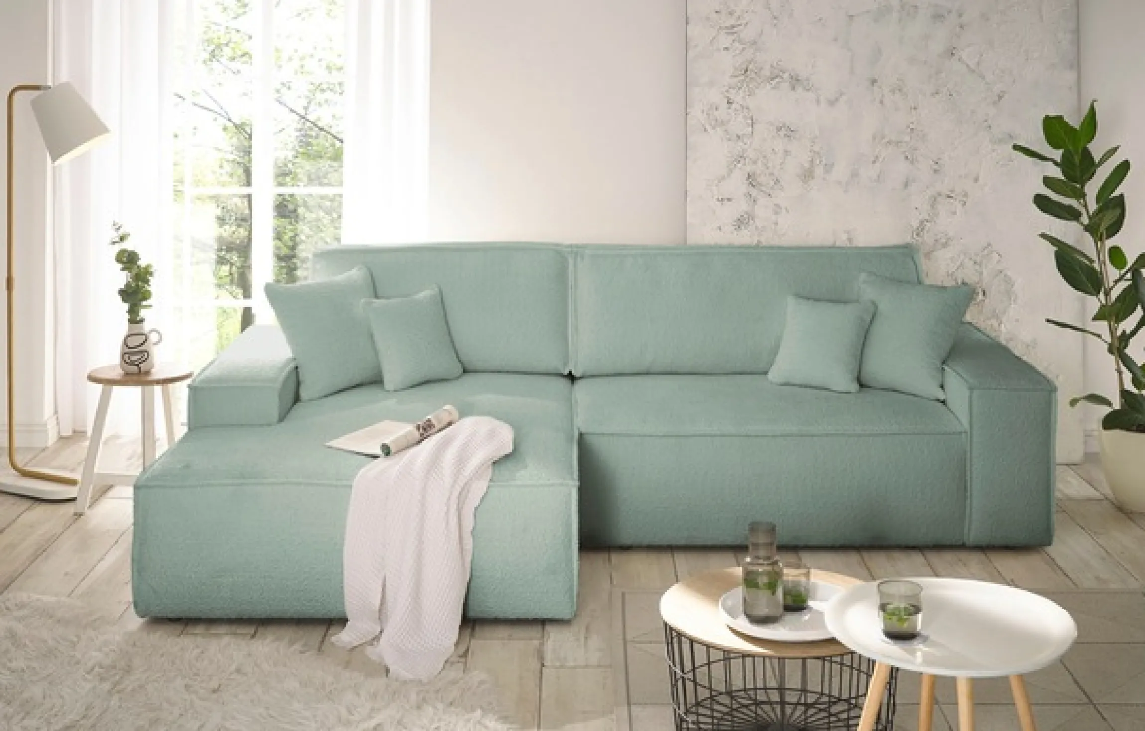 OTTO home Ecksofa »FINNLEY Bouclé, L-Form 257 cm, Schlafsofa« mit Bettkasten, in Bouclé, Struktur fein und Mega Cord
