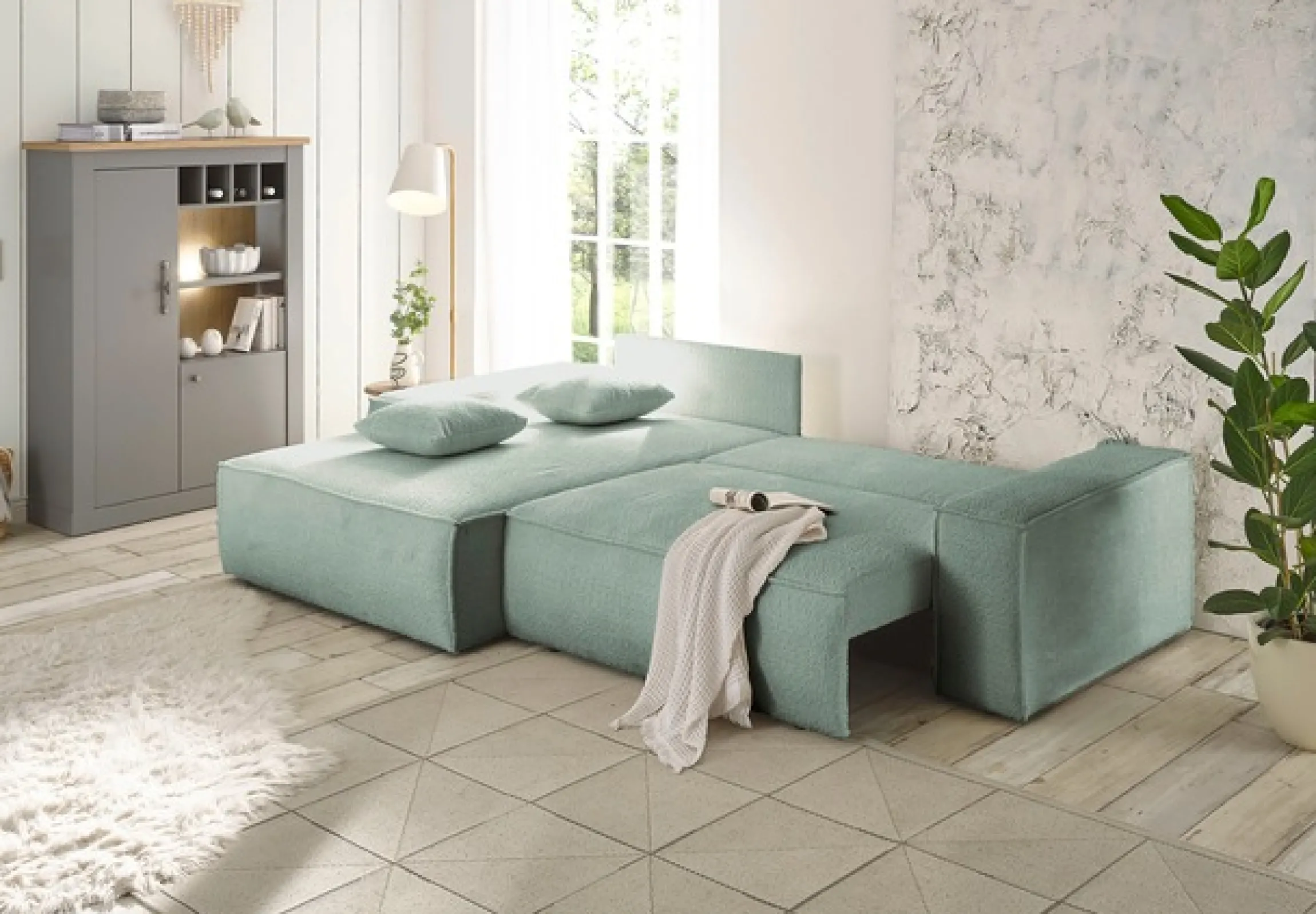 OTTO home Ecksofa »FINNLEY Bouclé, L-Form 257 cm, Schlafsofa« mit Bettkasten, in Bouclé, Struktur fein und Mega Cord