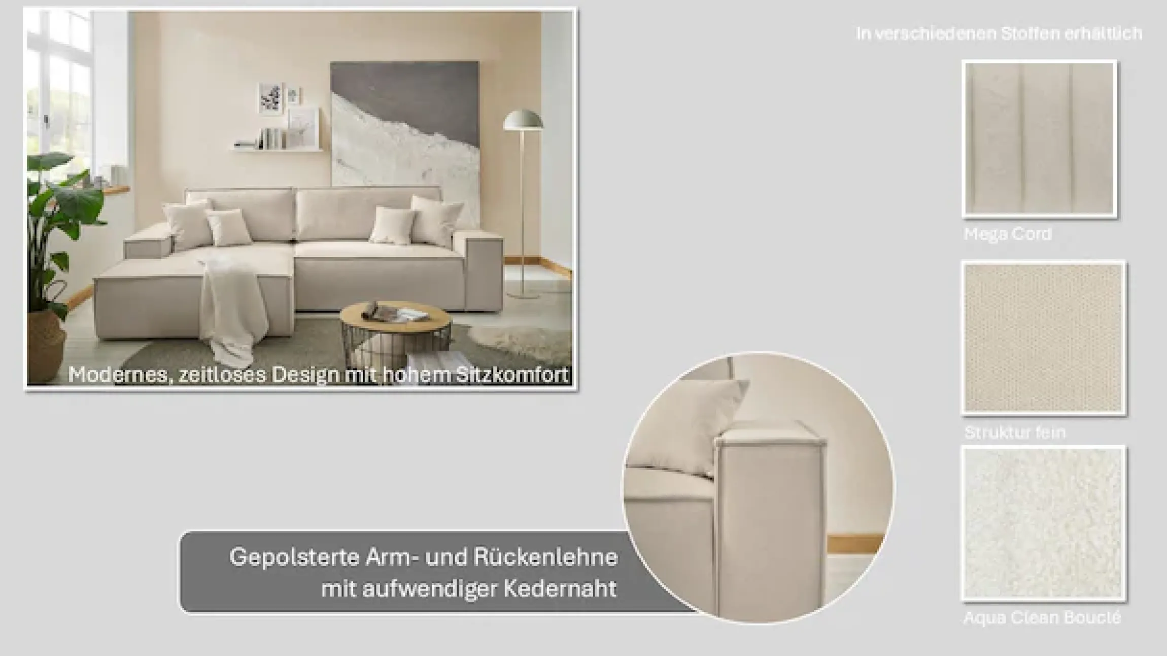 OTTO home Ecksofa »FINNLEY Bouclé, L-Form 257 cm, Schlafsofa« mit Bettkasten, in Bouclé, Struktur fein und Mega Cord