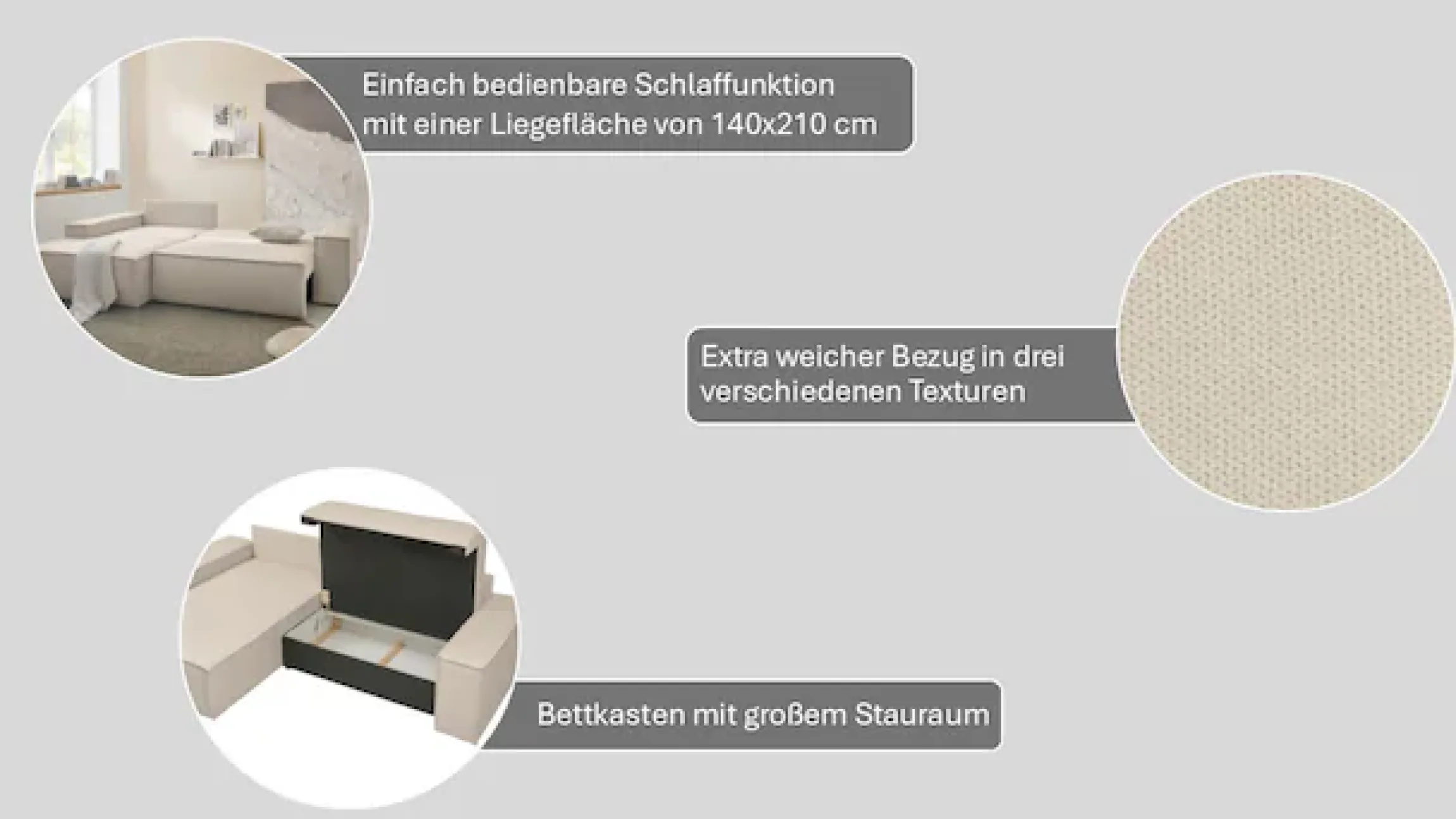 OTTO home Ecksofa »FINNLEY Bouclé, L-Form 257 cm, Schlafsofa« mit Bettkasten, in Bouclé, Struktur fein und Mega Cord