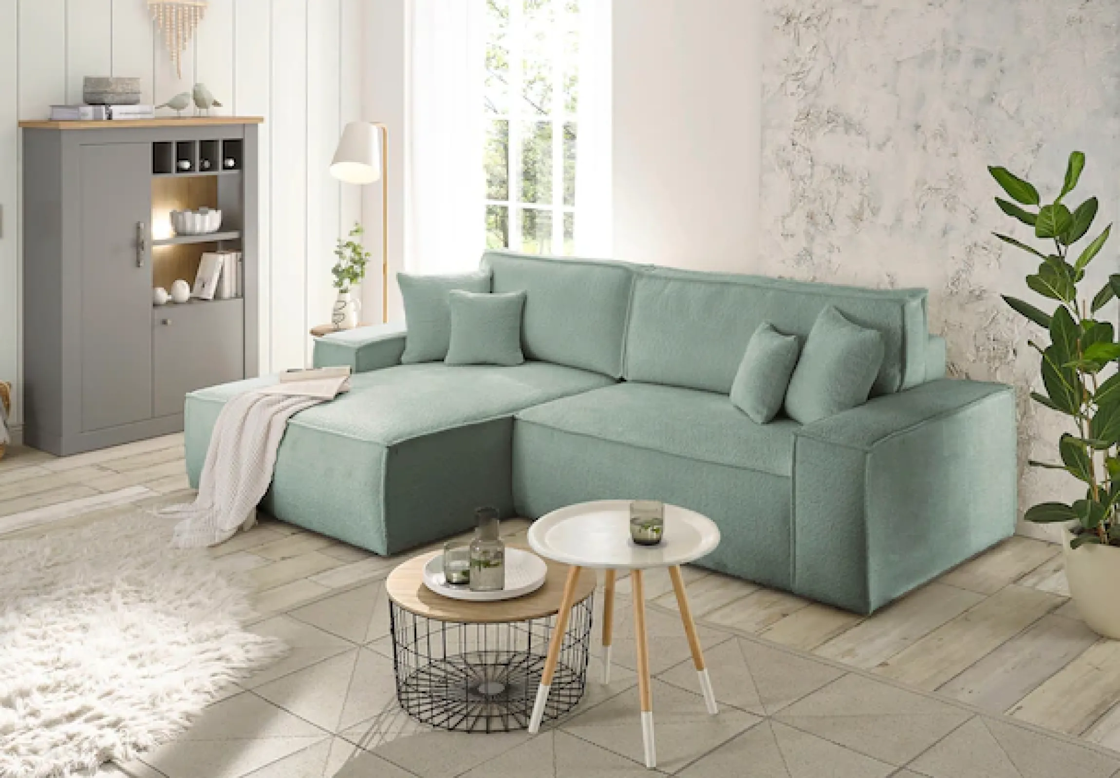 OTTO home Ecksofa »FINNLEY Bouclé, L-Form 257 cm, Schlafsofa« mit Bettkasten, in Bouclé, Struktur fein und Mega Cord