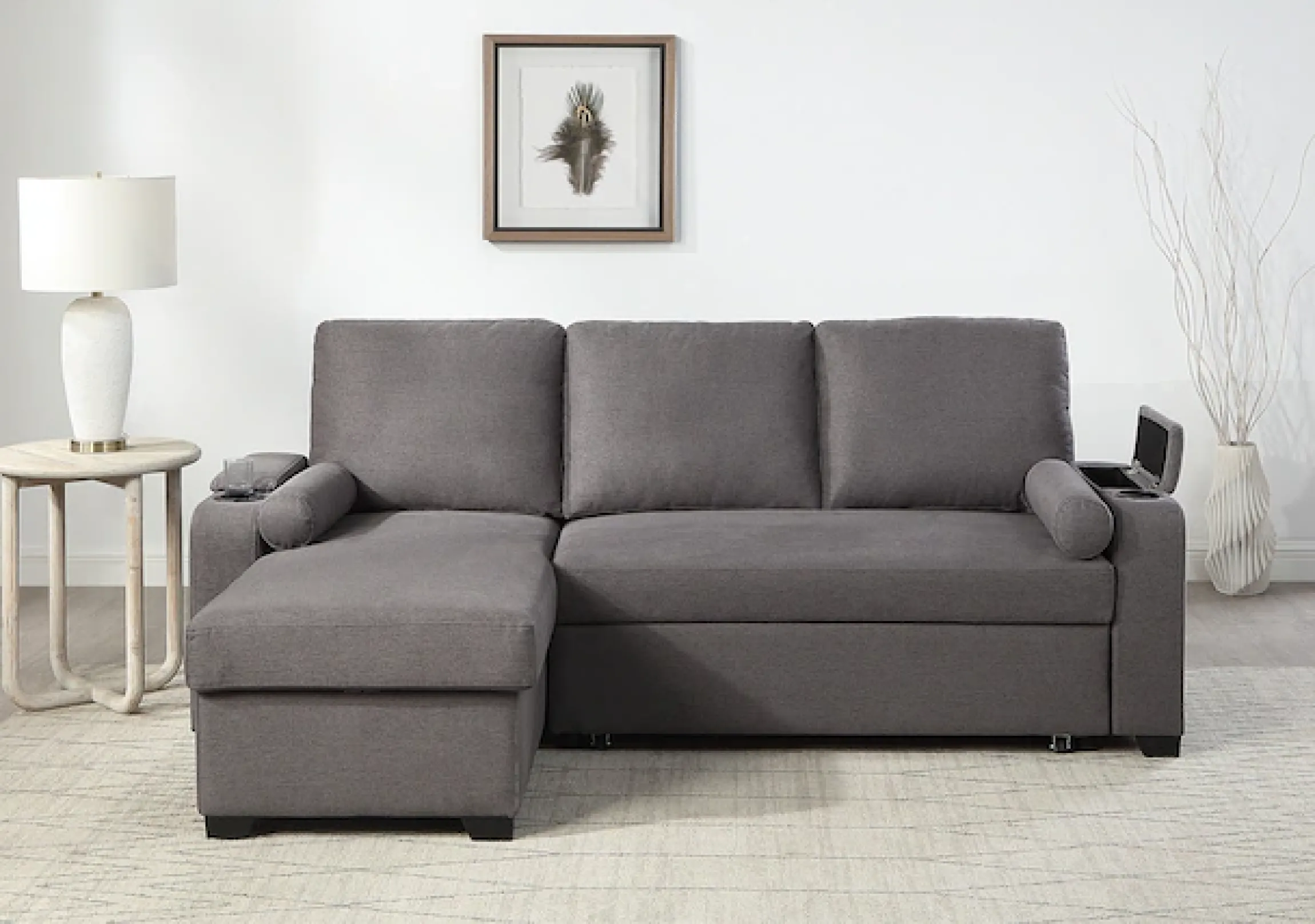 OTTO home Ecksofa »Gorje L-Form, B:216cm, Liegefläche: 125x200« mit Schlaffunktion, Stauraum, Becherhalter, Staufächer & Kissenrollen