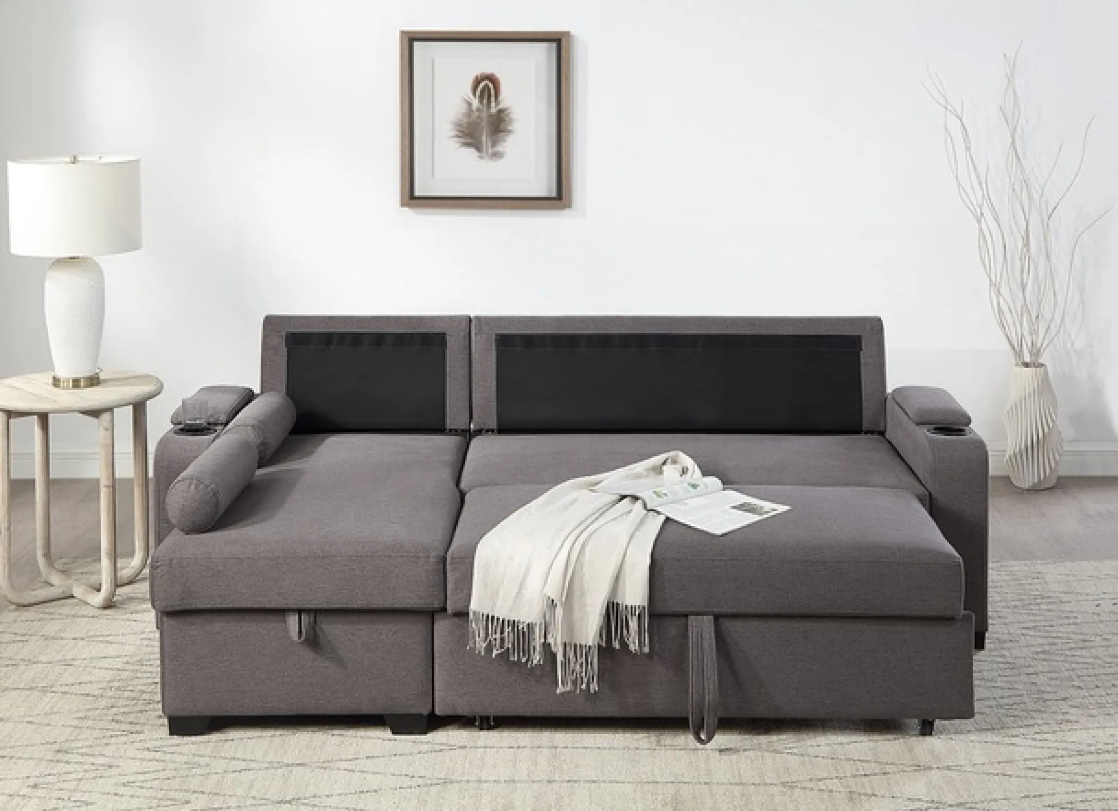 OTTO home Ecksofa »Gorje L-Form, B:216cm, Liegefläche: 125x200« mit Schlaffunktion, Stauraum, Becherhalter, Staufächer & Kissenrollen