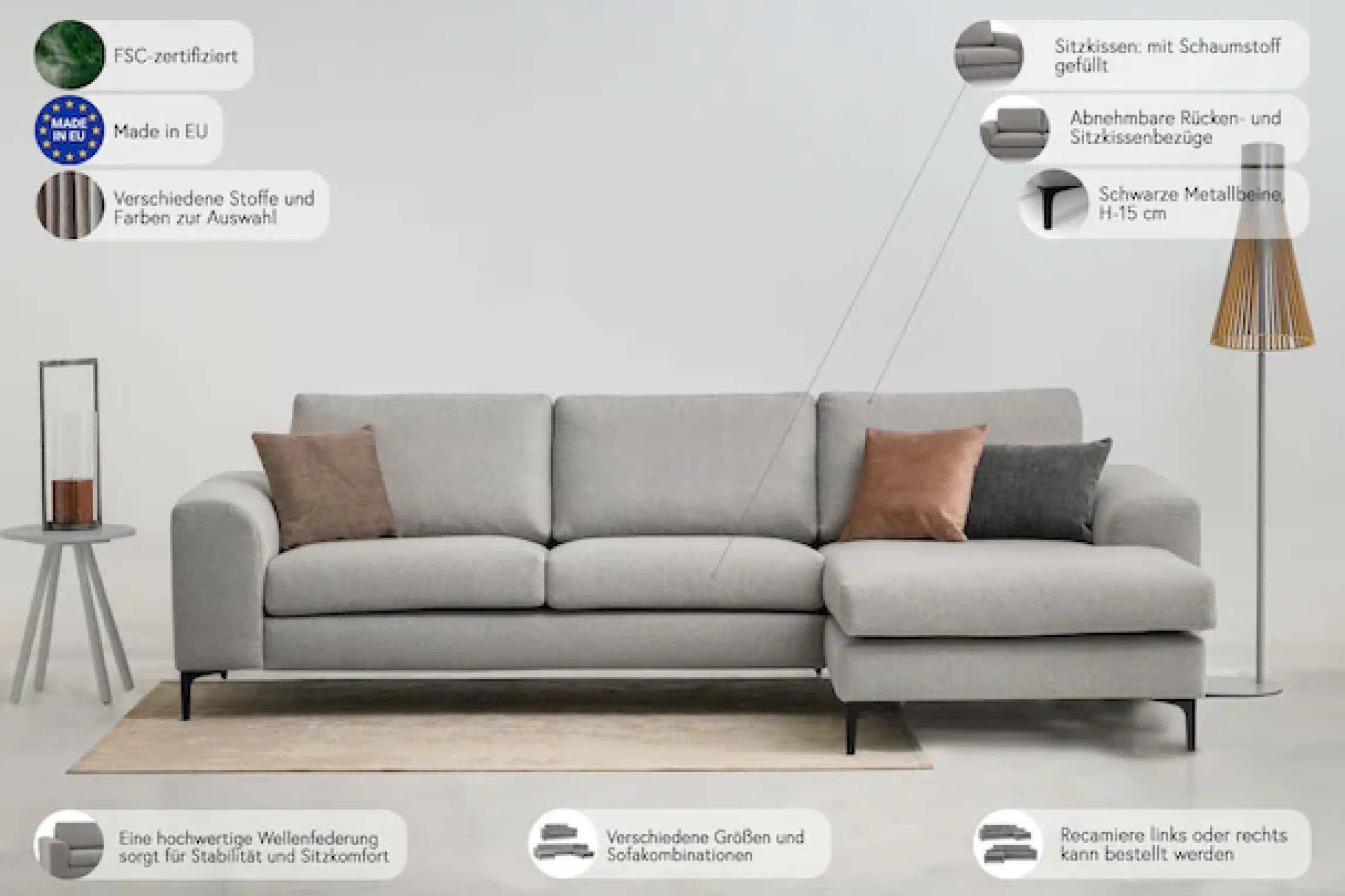 OTTO home Ecksofa »Henry, L-Form, Breite 294 cm« mit Metallbeinen, Wellenunterfederung, wasserabweisender Stoff